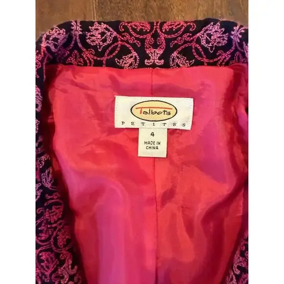 Talbots Blazer Jacket Size 2P Petite Pink Black Patterned 100% Cotton Lined - Picture 6 of 8